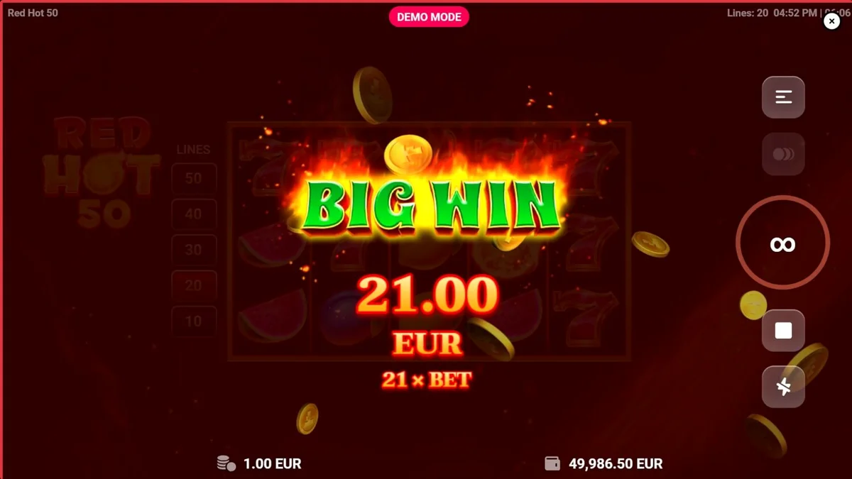 Visual vibrante e ícones em chamas do slot Red Hot 50