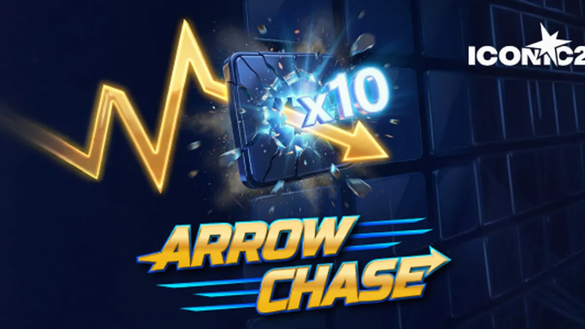 Captura de tela do jogo Arrow Chase, mostrando uma flecha em uma grade de blocos multiplicadores coloridos.